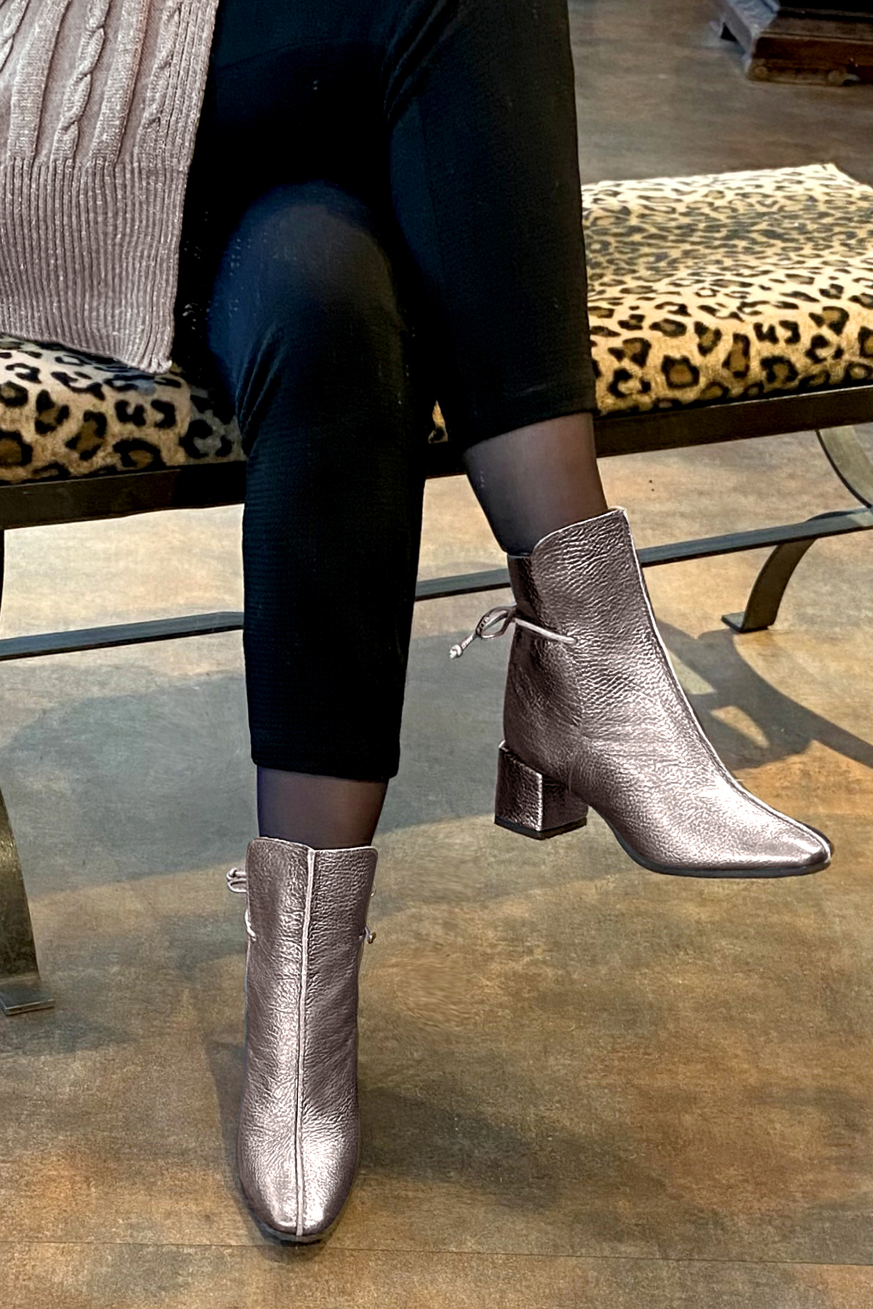 Ash grey women's ankle boots with laces at the back. Square toe. Medium block heels. Worn view - Florence KOOIJMAN